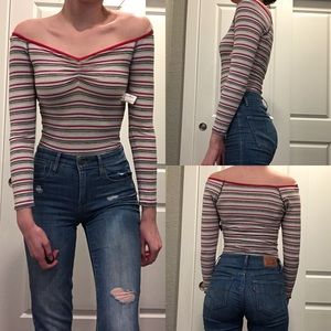 Free People Striped Long Sleeved Bodysuit